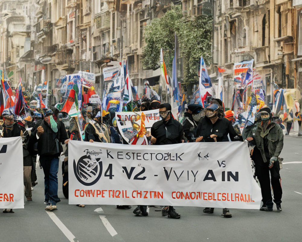 Protesters with Banner and Flags in City March Scene