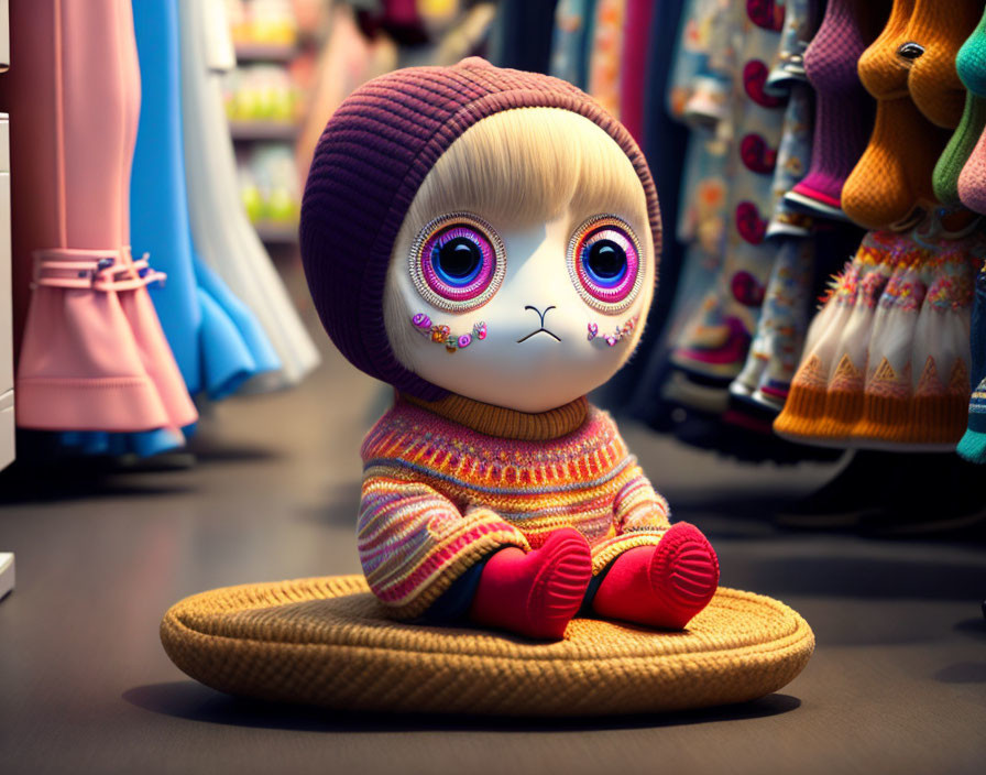 Stylized doll with large eyes on woven mat against colorful store backdrop