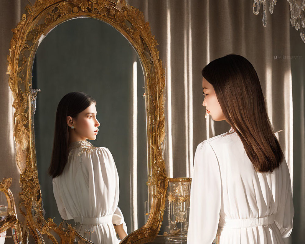 Woman in white dress by golden-framed mirror in elegant room