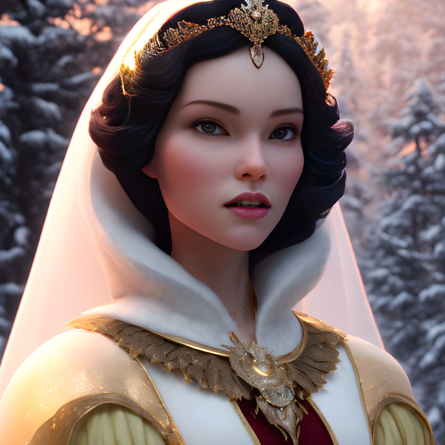 Elegant woman with crown and veil in snowy forest setting