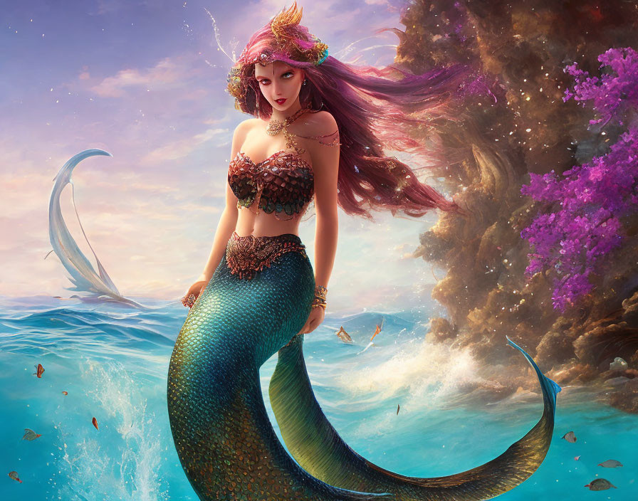 Colorful Mermaid Illustration with Pink Hair and Green Tail by Ocean Rock