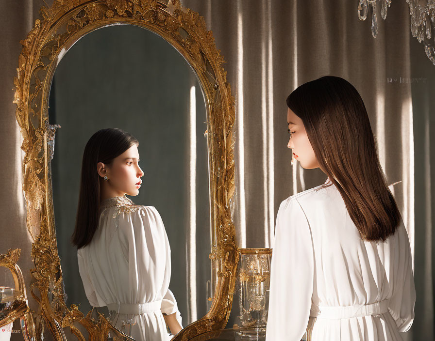 Woman in white dress by golden-framed mirror in elegant room