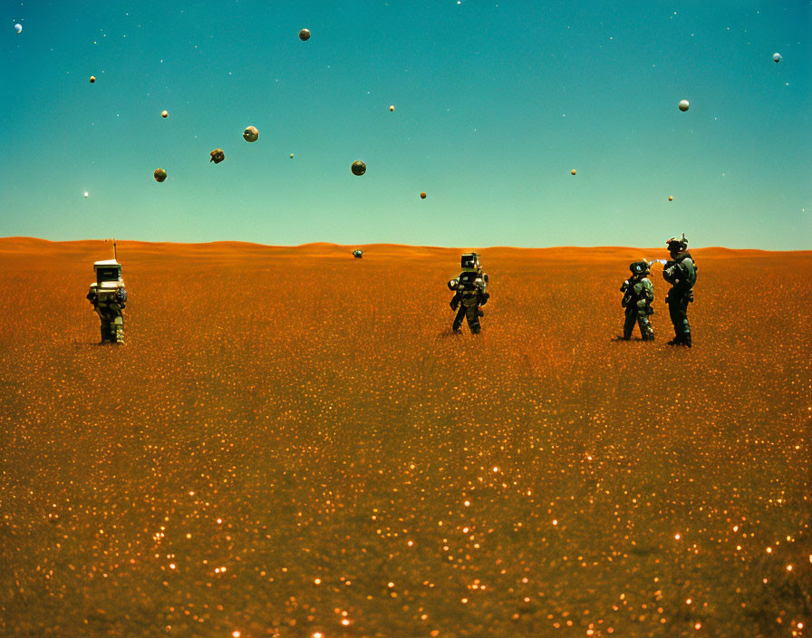 Astronauts and rover in desert landscape under orange sky with floating spheres