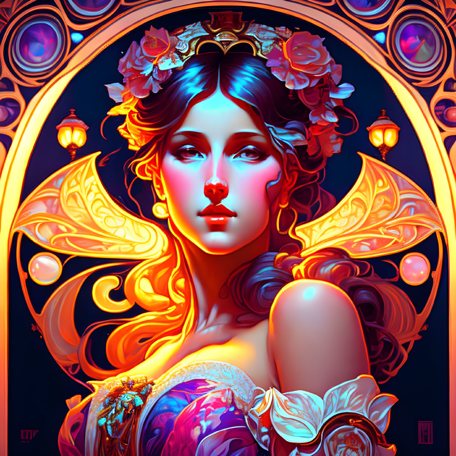 Colorful digital artwork of a woman with blue eyes, golden headpiece, butterfly wings, and glowing