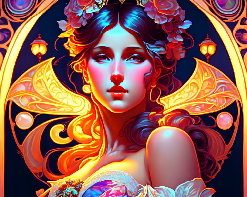 Colorful digital artwork of a woman with blue eyes, golden headpiece, butterfly wings, and glowing