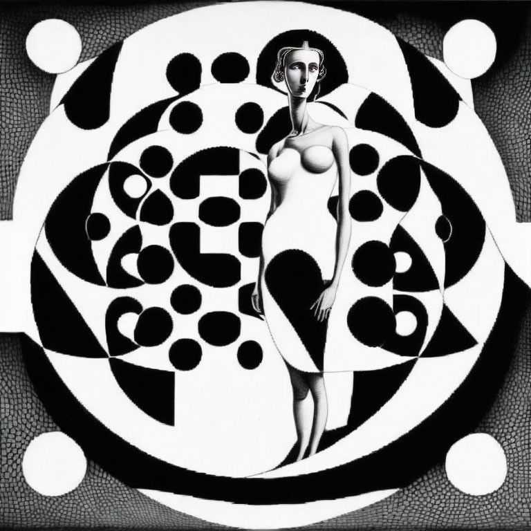 Abstract black and white surreal image of woman with exaggerated features in circular pattern