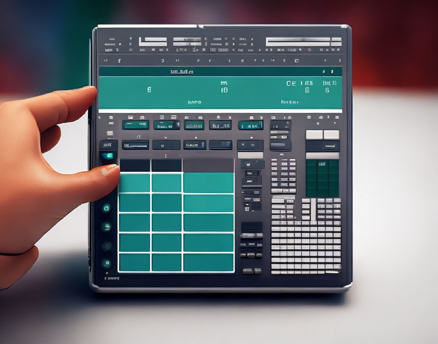 Hand manipulating music production software on tablet interface