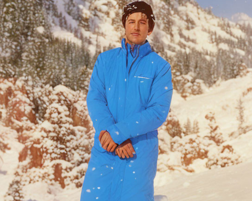 Person in Blue Ski Suit Standing in Snow with Pine Trees and Mountain Background