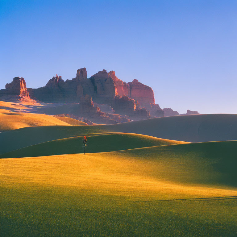 Desert landscape: lone hiker, sand dunes, rock formations