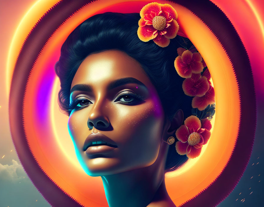 Digital art portrait of woman with glowing skin and red flowers, surrounded by multicolored halo rings