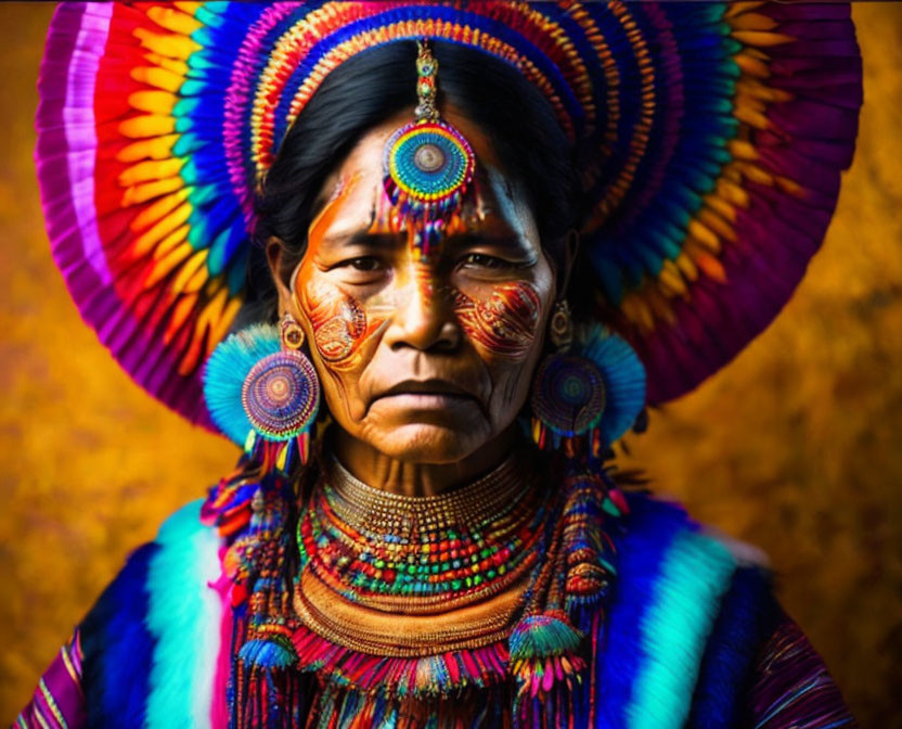 Traditional Face Paint and Colorful Headdress on Woman Against Golden Background