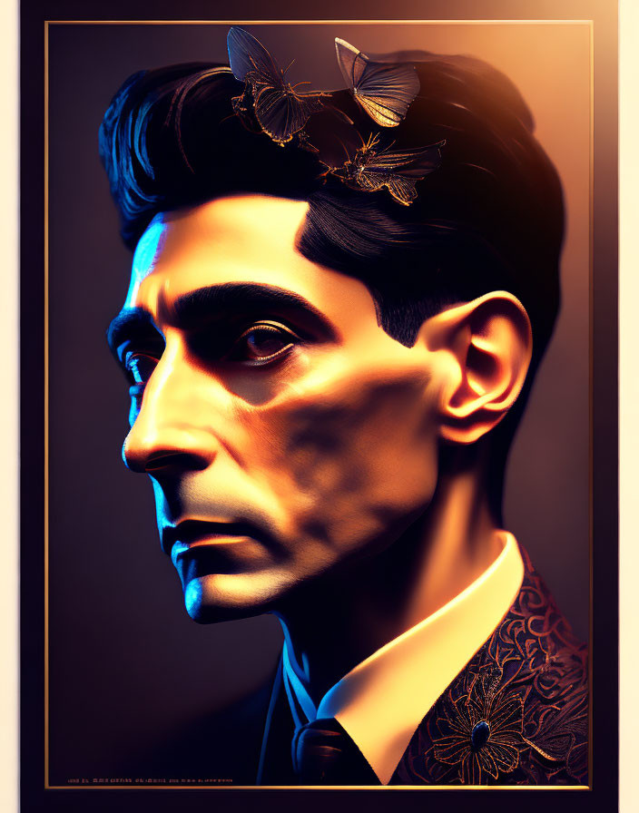 Stylized portrait of a man with dark hair and butterflies in warm light