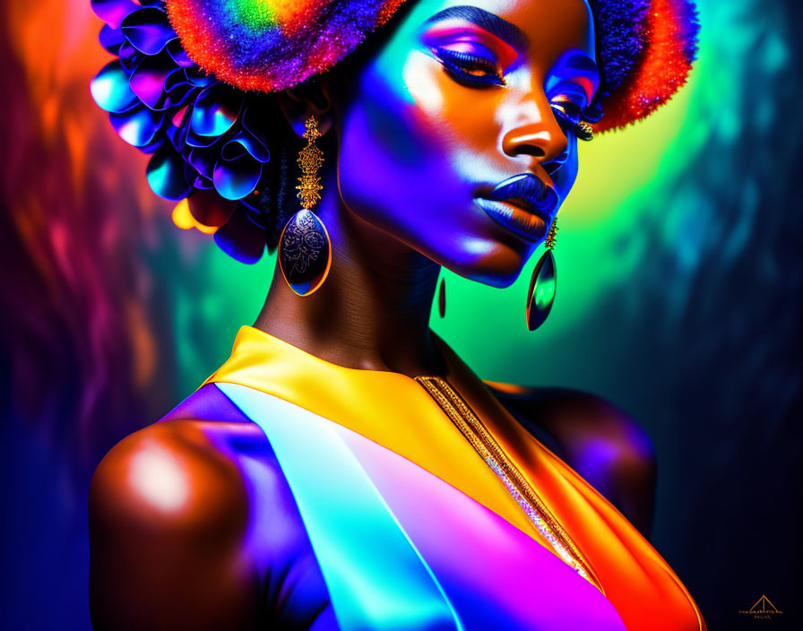 Colorful Woman in Rainbow Dress and Floral Hair Accessory Under Multicolored Lighting