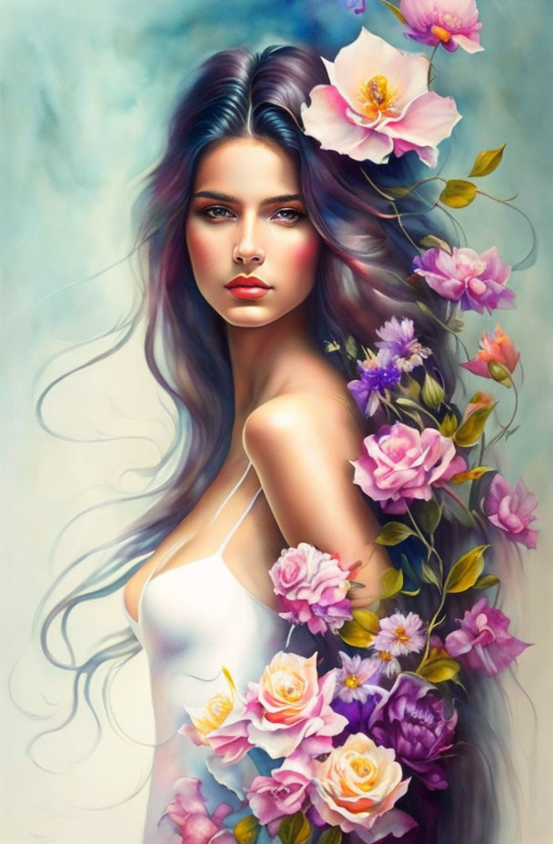 Woman with Flowing Hair and Pink/Purple Flower Adornments