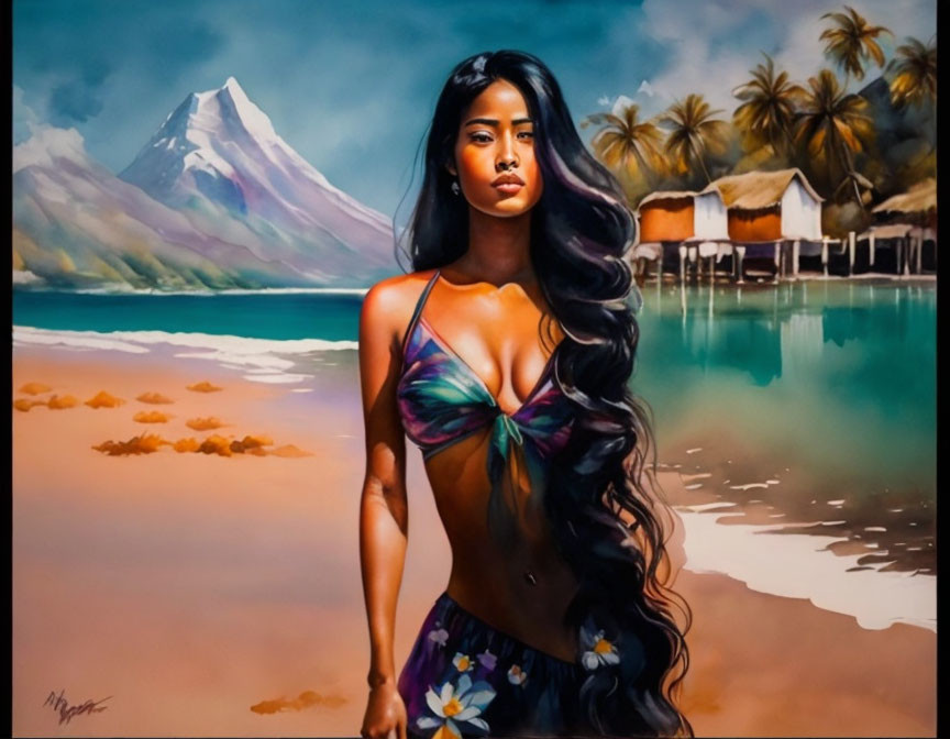 Woman with long black hair in tropical landscape with mountain, palm trees, huts, and calm waters