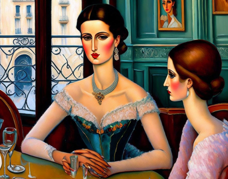 Two women in elegant attire at a table with stylized features and a painting.