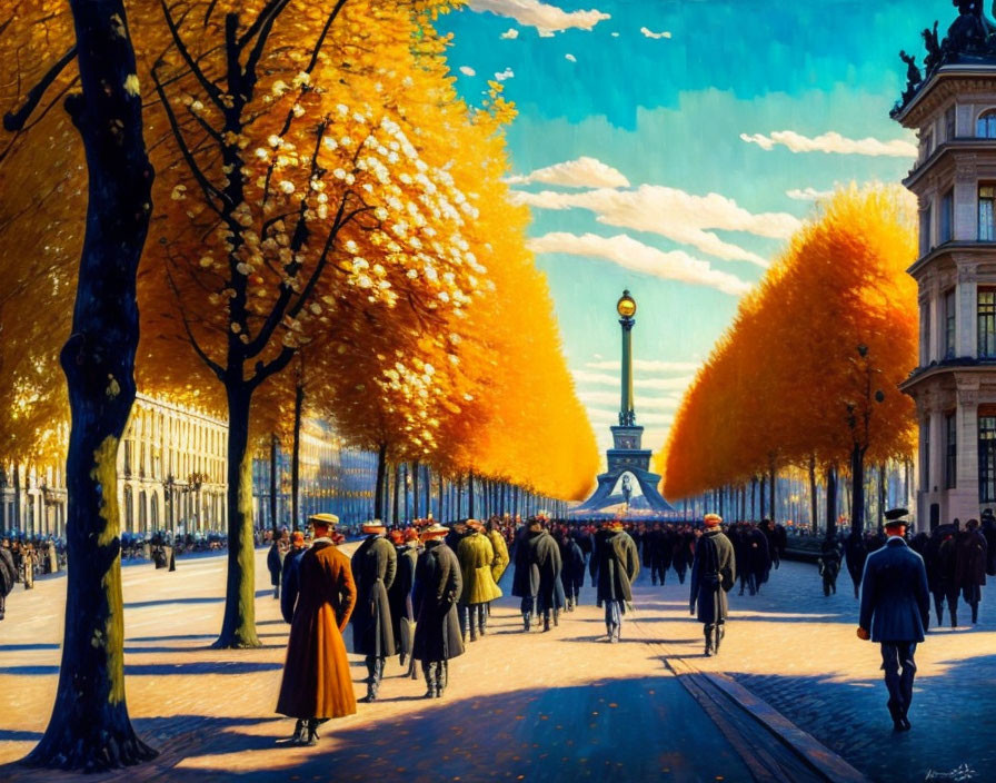 Colorful autumn scene with people walking down tree-lined boulevard and Eiffel Tower in background.