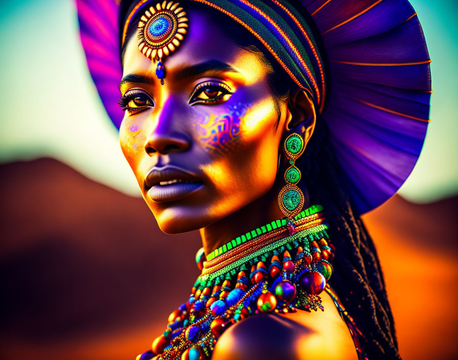 Colorful woman portrait with face paint and jewelry in desert setting