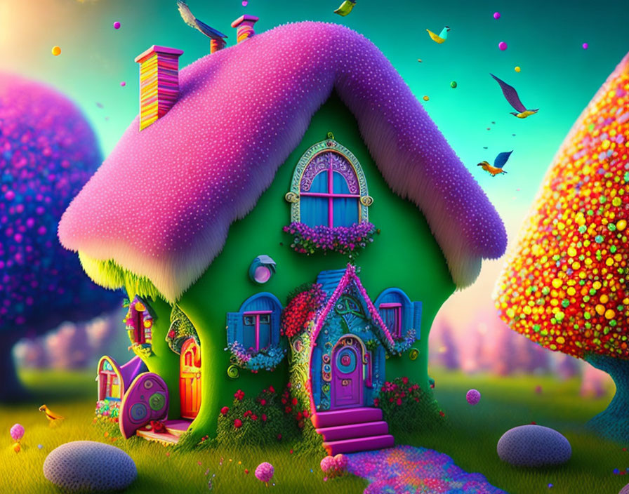 Colorful Mushroom-Shaped House in Magical Garden