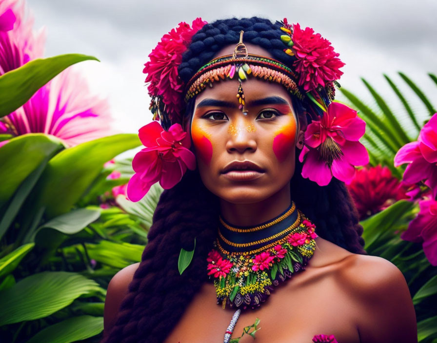 Woman with vibrant floral accessories and colorful makeup against cloudy sky