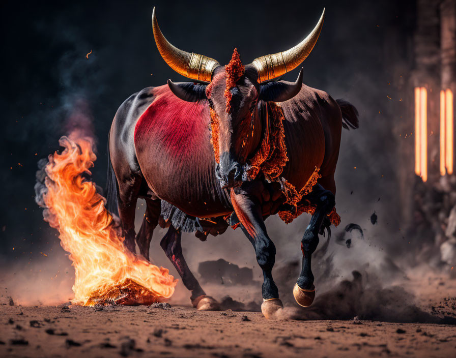 Decorated charging bull with fiery tail in dynamic scene