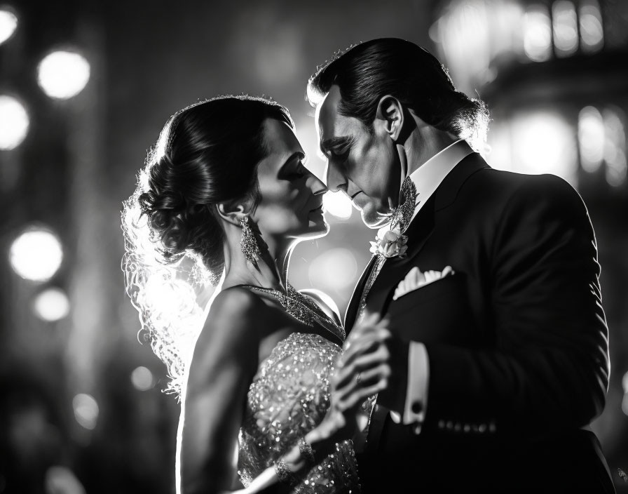 Formal attire couple sharing intimate moment with soft lighting