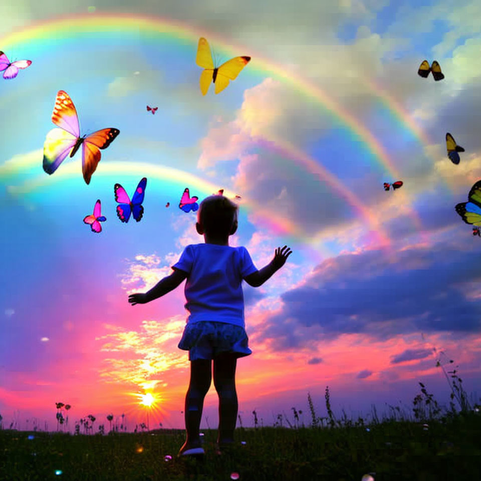 Child in meadow at sunset with double rainbow and butterflies