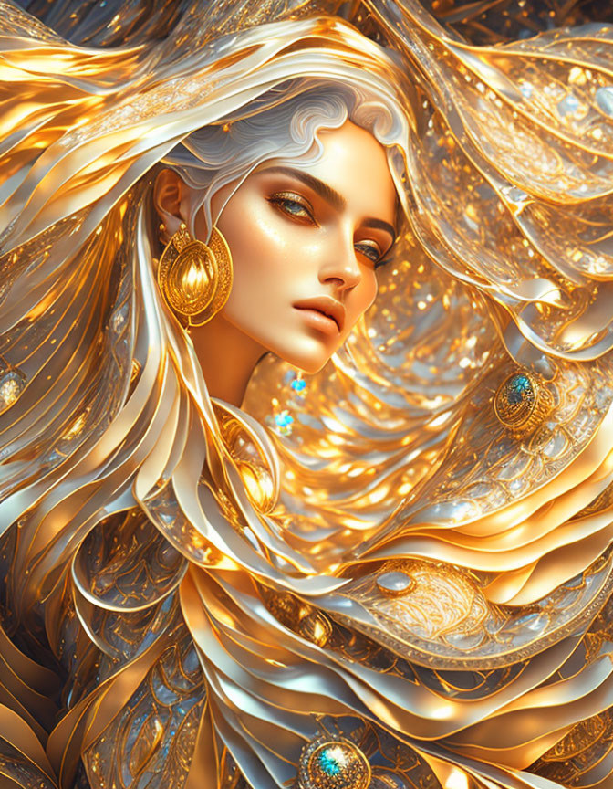 Digital artwork of woman with golden hair and ornate jewelry.