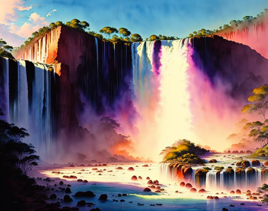 Majestic waterfall painting with colorful reflections and lush surroundings