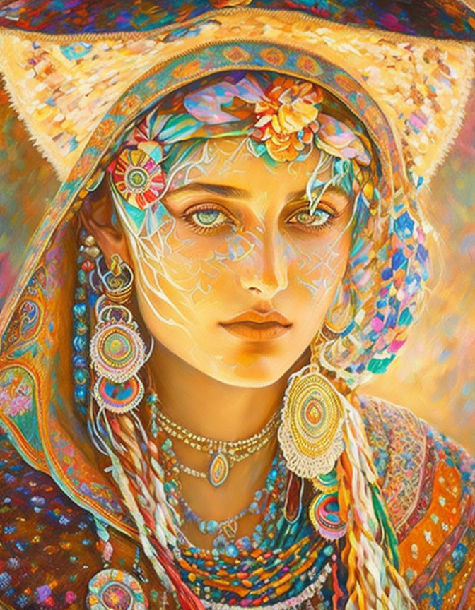 Colorful portrait of woman with intricate jewelry and vibrant hood against textured background