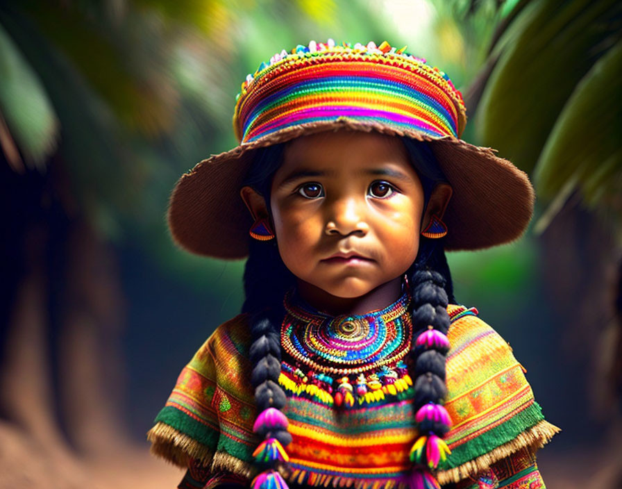 Child in Colorful Traditional Outfit with Vibrant Hat and Braided Hair