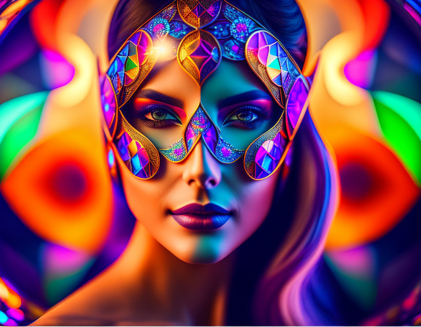 Colorful digital artwork: Woman with psychedelic patterns on face