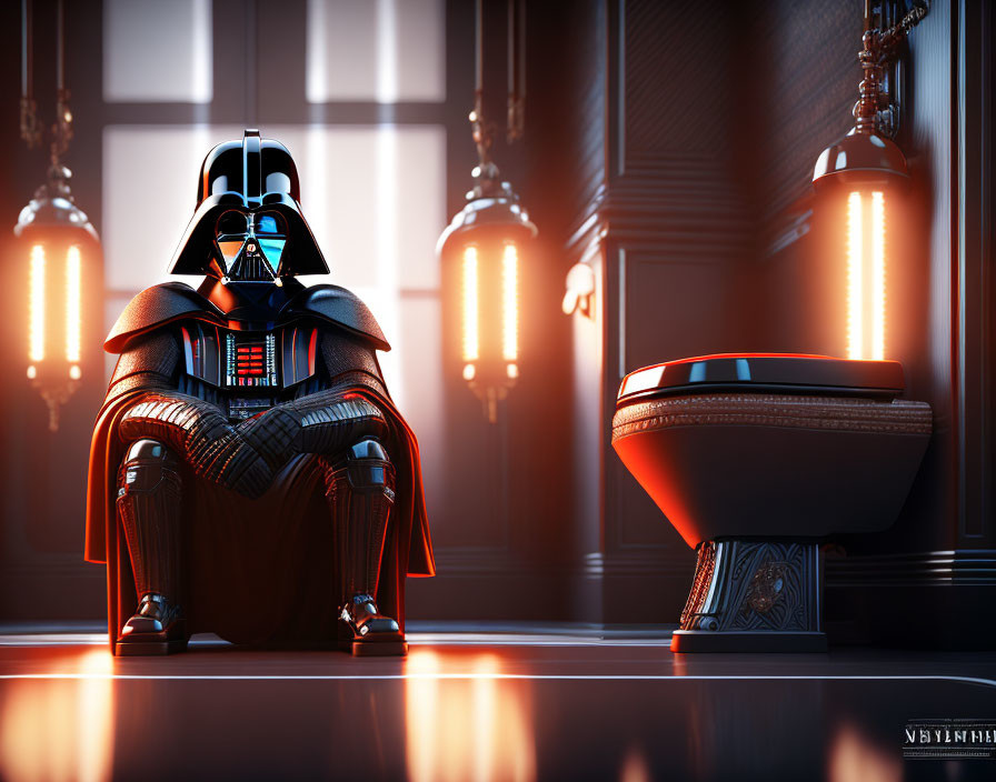 Dark Room with Darth Vader on Throne and Wall Torches