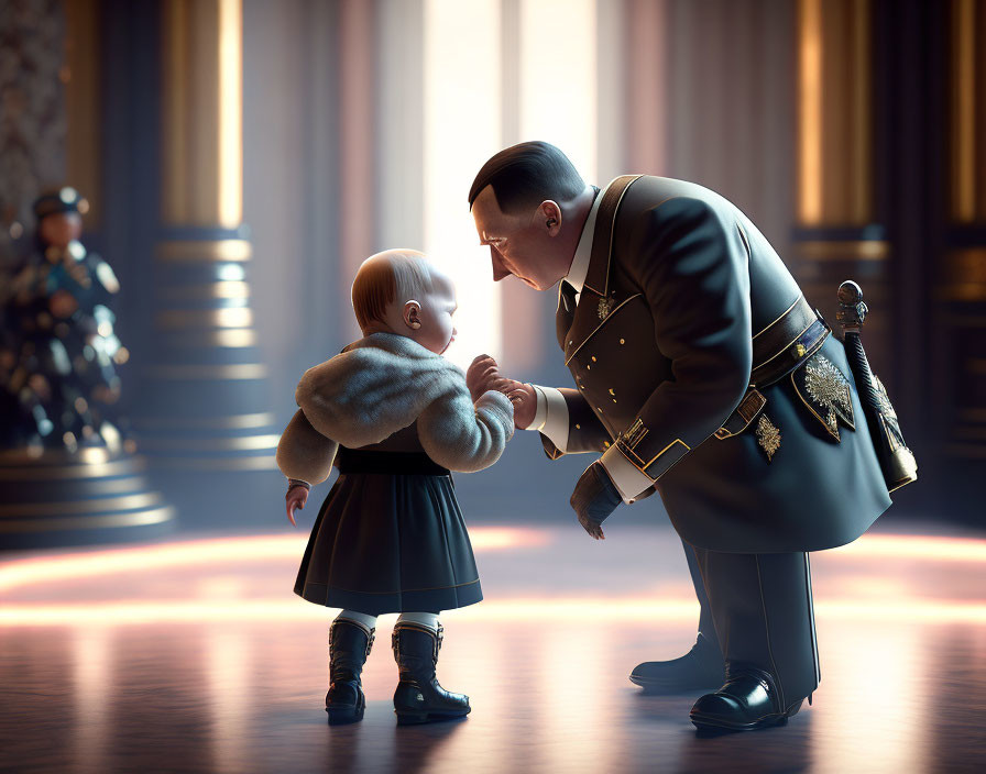 Military adult guiding toddler in warmly lit room