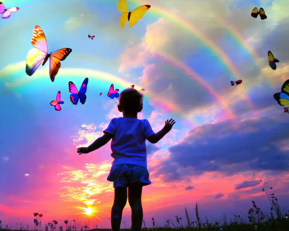 Child in meadow at sunset with double rainbow and butterflies