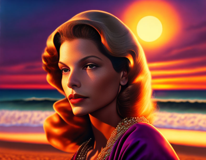 Vintage-inspired woman portrait in purple attire against beach sunset.