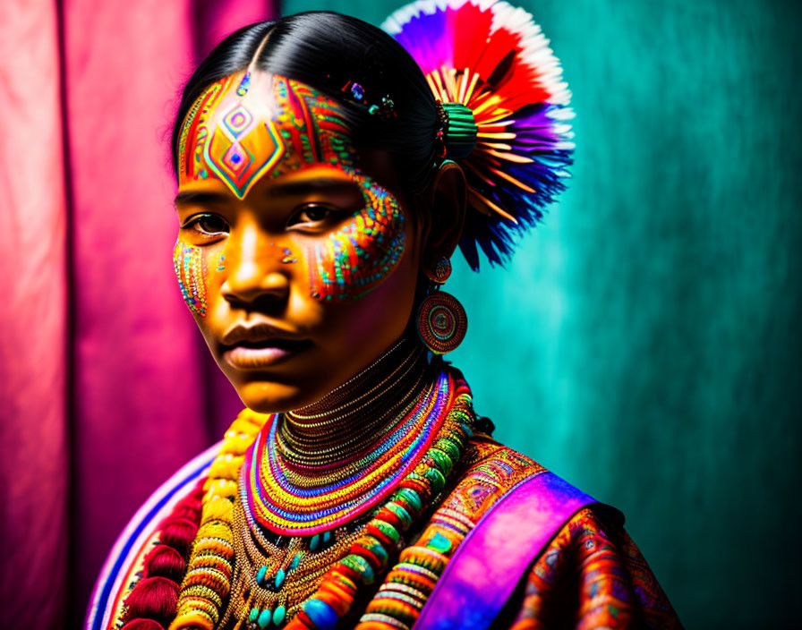 Colorful Woman in Tribal Attire with Face Paint and Feathered Headdress