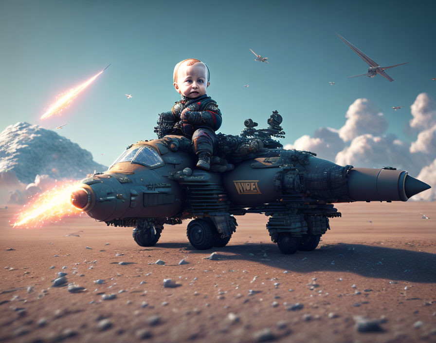 Baby on miniature tank in desert with fighter jets and explosions