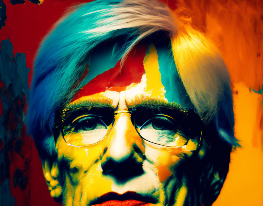 Abstract portrait with high-contrast colors on a person wearing glasses