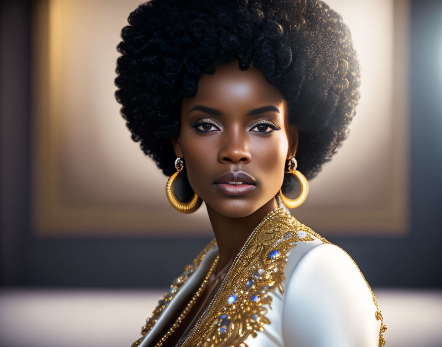 Woman with Voluminous Afro, Gold Hoop Earrings, & Ornate White Outfit