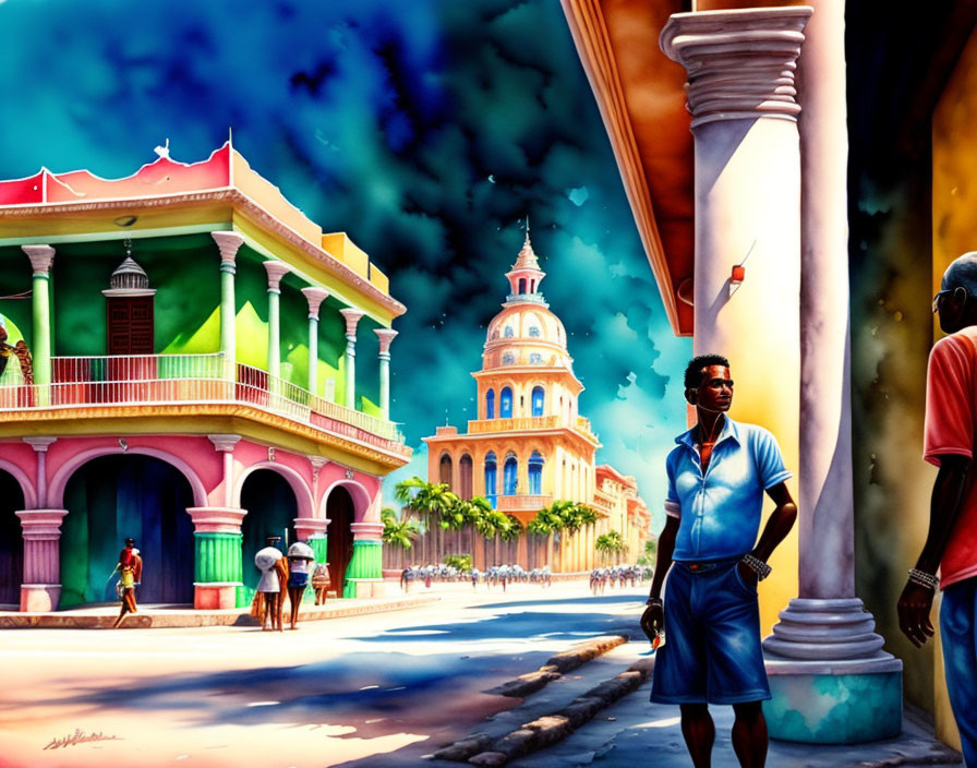 Colorful Colonial Buildings and Man in Sunglasses on Vibrant Street Scene