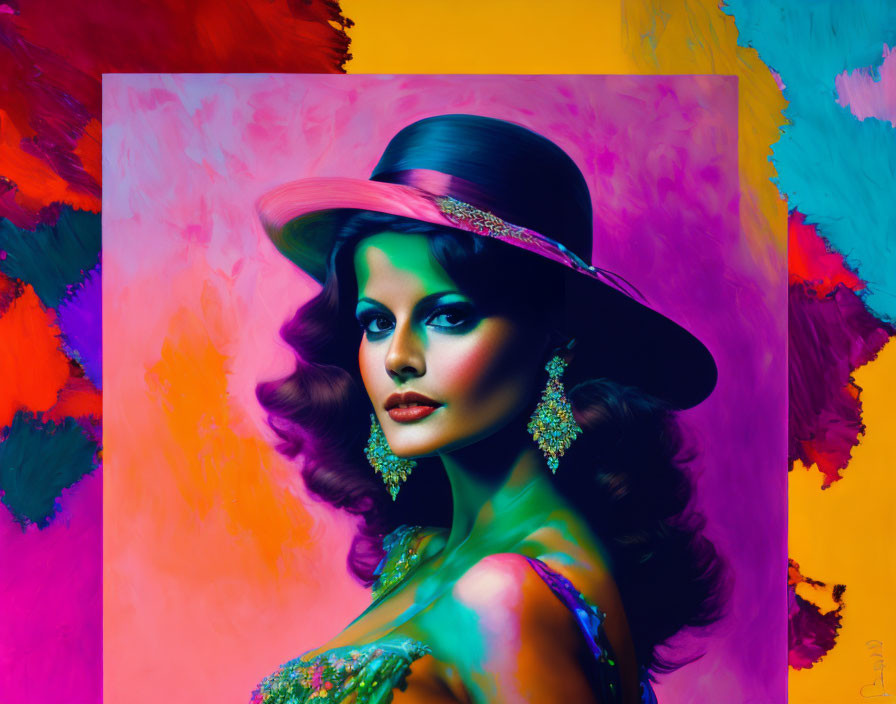 Colorful Woman Portrait with Neon Hat and Abstract Background