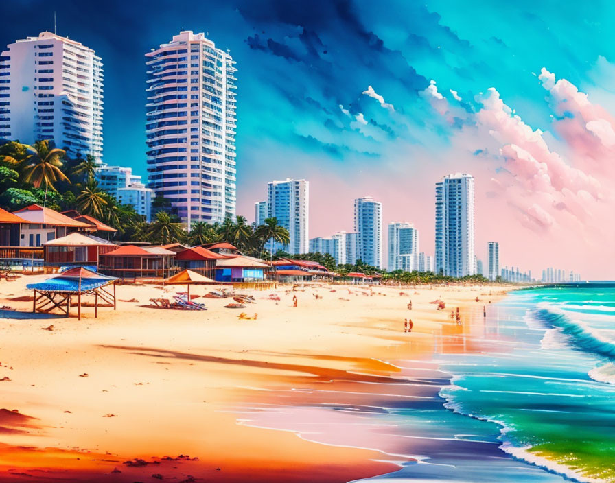 Colorful Beach Scene with Skyscrapers and Beach Huts