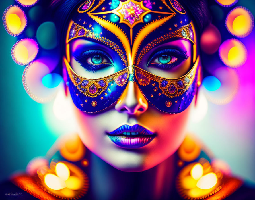 Colorful Masquerade Mask Portrait with Vibrant Oranges and Deep Blues