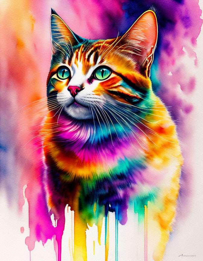 Vibrant Watercolor Painting of a Colorful Cat on Soft Background