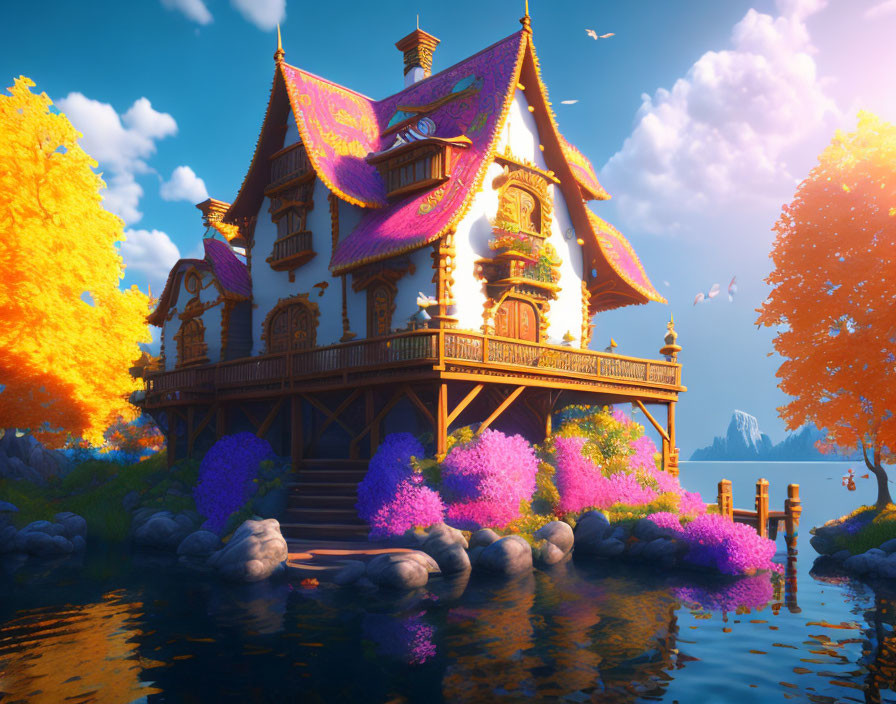 Colorful Fantasy Cottage Surrounded by Autumn Trees and Lake