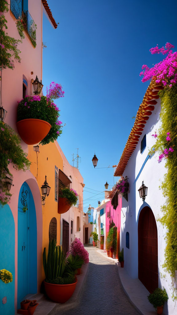 Vibrant Cobblestone Alley with Colorful Buildings and Hanging Plants