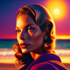 Vintage-inspired woman portrait in purple attire against beach sunset.