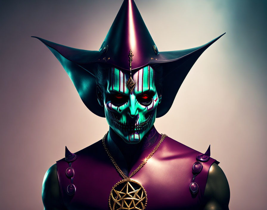 Person with Skull Face in Witch Hat & Pentagram Necklace on Pink Background