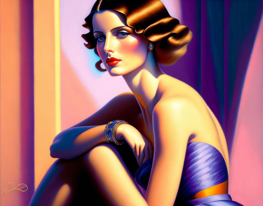 Stylized woman in strapless dress against colorful backdrop